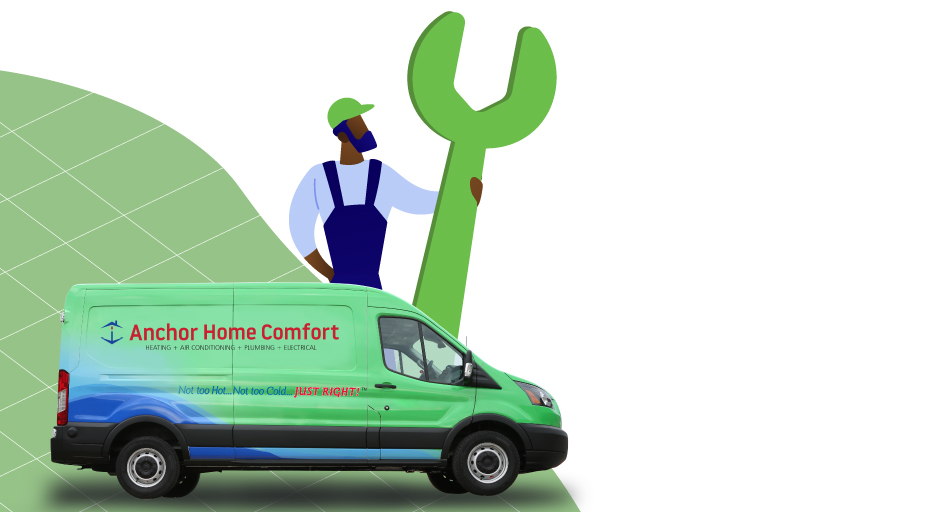 man with giant wrench by anchor home comfort truck