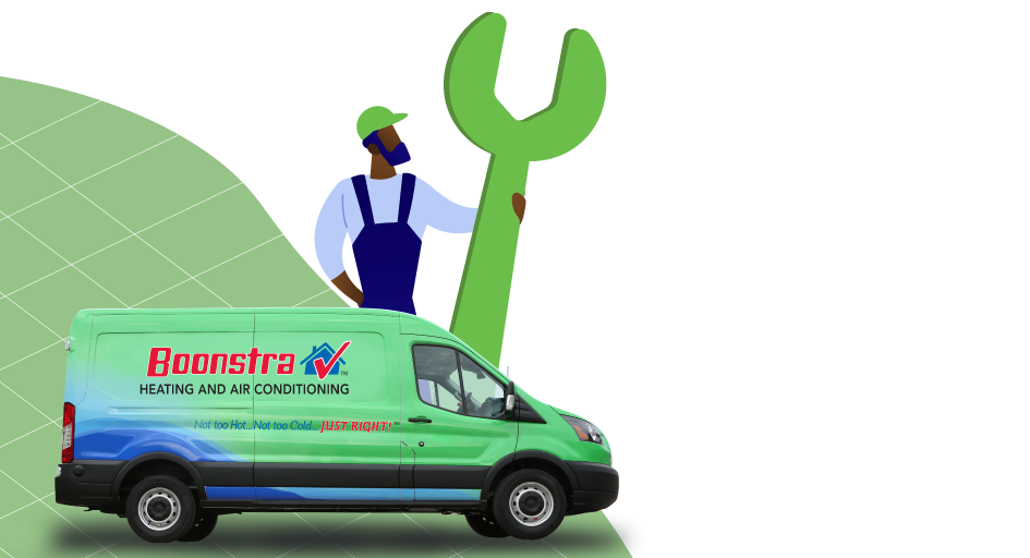 Illustration of man with giant wrench standing by Boonstra truck